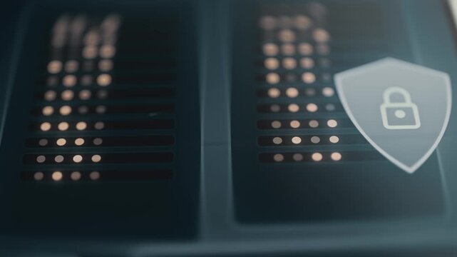 Secured server racks behind a padlock shield glows