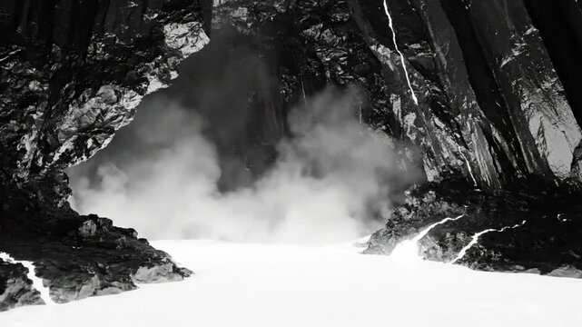 Mysterious cavern interior with light and steam creating an eerie otherworldly atmosphere, black and white