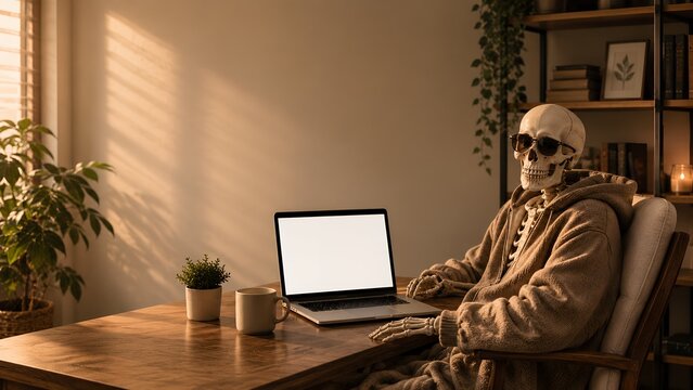 Skeleton Working on Laptop at Home, Funny Halloween Remote Work Concept with Copy Space