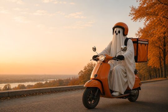 Ghost Food Delivery Rider on Orange Scooter, Funny Halloween Delivery Concept with Autumn Copy Space