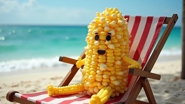 Funny corn cob character relaxing on a beach chair by the ocean
