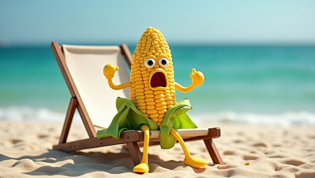 Shocked corn character on beach chair expresses surprise at the ocean view