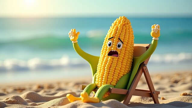 Funny corn character relaxing on a beach chair by the ocean waves