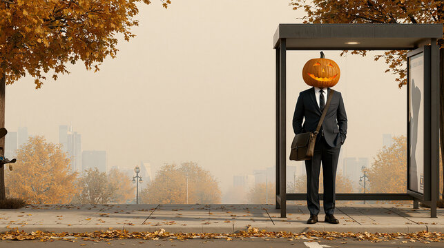 Pumpkin Head Businessman Waiting at Bus Stop in Autumn City, Funny Halloween Lifestyle with Copy Space 2