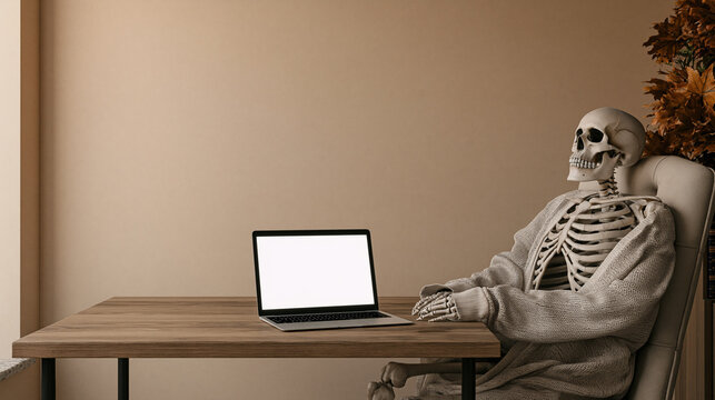 Skeleton Working from Home with Laptop, Funny Halloween Remote Work Lifestyle with Copy Space 11