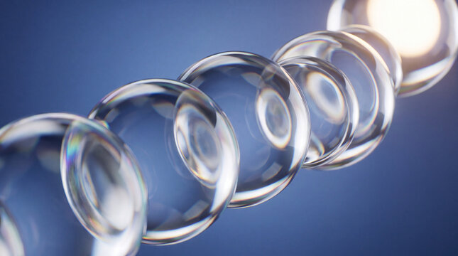 A sequence of clear, glass-like translucent spheres arranged in a diagonal line against a smooth blue gradient background, showcasing depth and refraction.