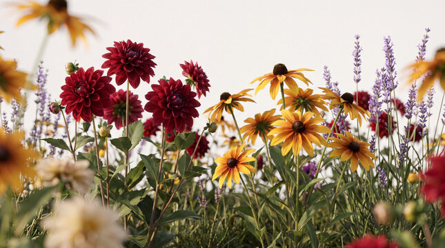 A beautiful low-angle view of a vibrant summer garden filled with deep red dahlias, bright yellow rudbeckia, and purple lavender against a soft sky.