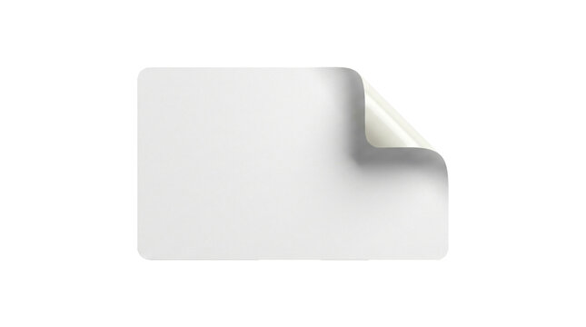 Blank white paper sticker with a soft rounded corner peel revealing a glossy texture detail displayed on transparent background