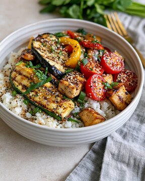 Healthy bowl with roasted vegetables and tofu over rice