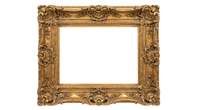Ornate gold picture frame with intricate baroque carvings and vintage aesthetic style displaying empty center space showcased on transparent background