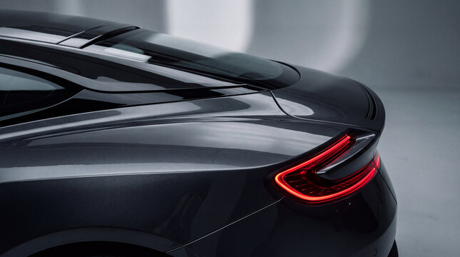A sleek, dark grey luxury sports car showcased in a studio, focusing on its aerodynamic curves and elegant, illuminated red LED taillight design.
