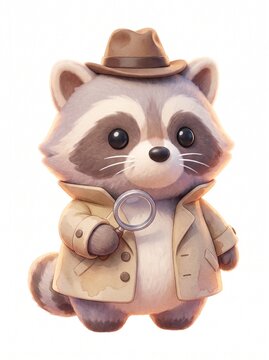 Cute Raccoon Detective in Beige Trench Coat with Fedora and Magnifying Glass, Soft Watercolor Style Isolated on White.