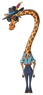 Funny giraffe wearing hat with feather and sunglasses dressed in summer shirt on transparent background. Cartoon animal character as tourist for summer vacation and travel design.