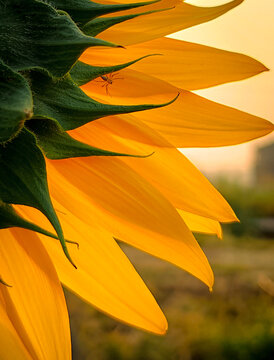 Close up macro vertical photo of sunflower fully bloomed during morning time. Selective focus