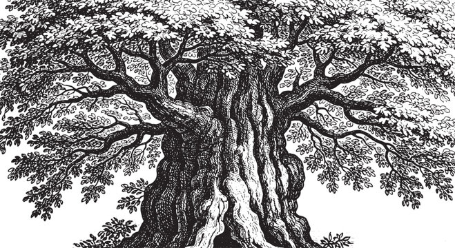 Massive ancient tree trunk rough engraving sketch
