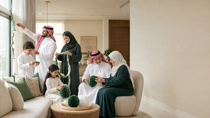 Fototapeta premium Multigenerational Saudi family decorating home for National Day