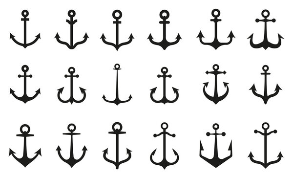 Nautical anchor icon set. Black vintage boat anchors silhouette, marine vessel equipment, navy sea travel symbols. Maritime sailing and ocean adventure vector illustration set. Port and sailor design 