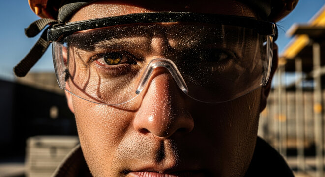 Construction Worker Trustworthy Face With Protective Eye Gear and Hard Hat