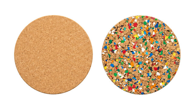Circular cork coasters displaying natural brown texture and vibrant multicolored speckled confetti particles isolated as two items on transparent background