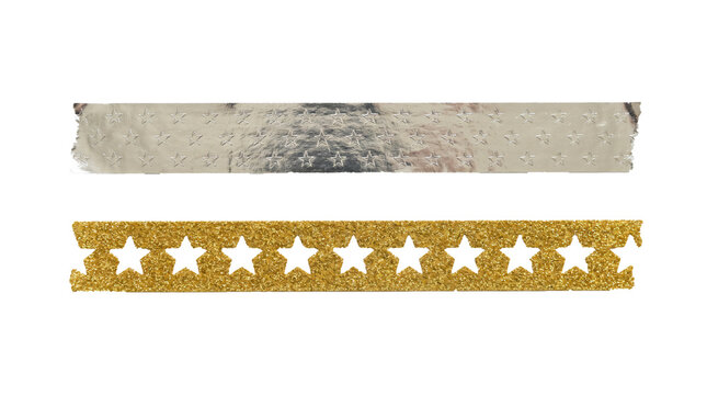 Metallic silver and shimmering gold washi tape strips featuring cute star patterns displayed isolated as decorative craft elements on transparent background