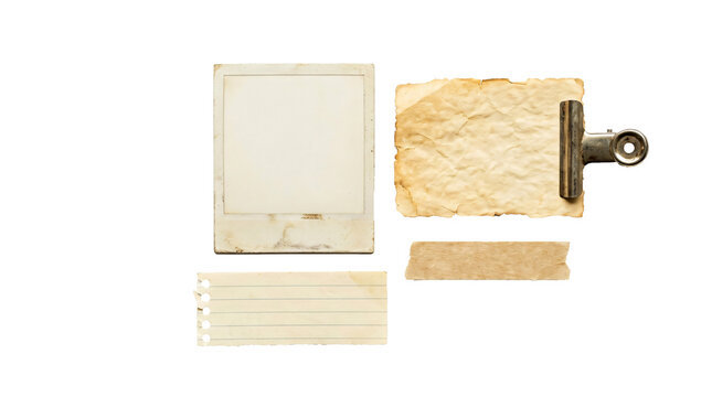 Vintage polaroid frame with old textured paper scraps and a metal binder clip presented clearly arranged on transparent background