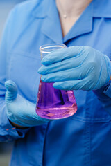 Fototapeta premium Laboratory scientist holding flask with purple chemical solution