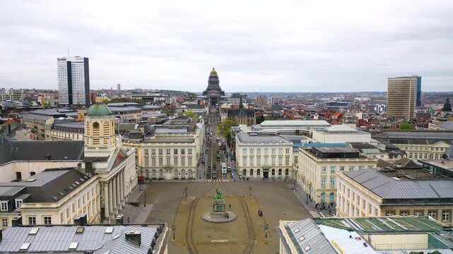 Panoramic aerial view of central Brussels, Belgium, with Place Royale, historic architecture, city streets and the Palace of Justice skyline.