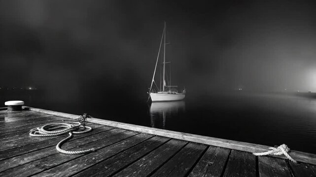 Mysterious sailboat glows in the fog at night reflecting on tranquil water near weathered wooden dock