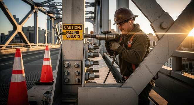 Construction Worker Tightening Bolts On A Bridge During Golden Hour With Cityscape View