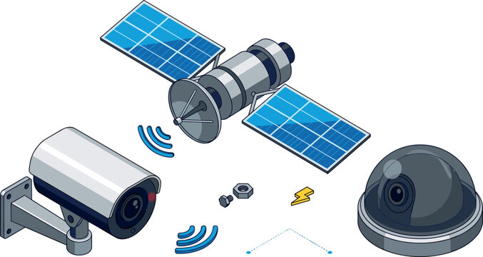 Isometric Security Surveillance Vector Set with Satellite CCTV Camera and Dome Security System for Global Network Safety and Technology Graphic Designs