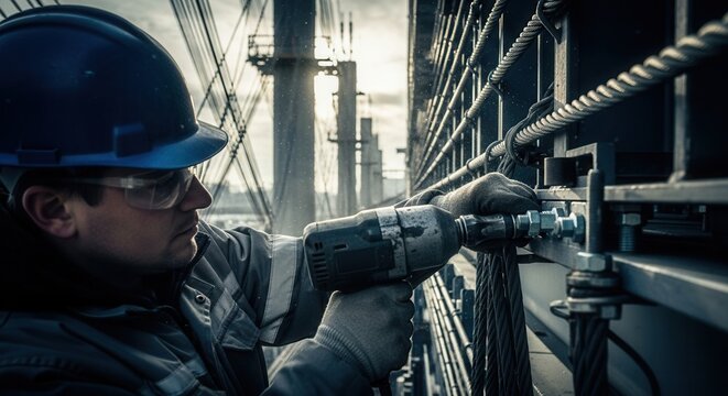Construction Worker Tightening Bolts With A Power Tool On A Bridge Structure