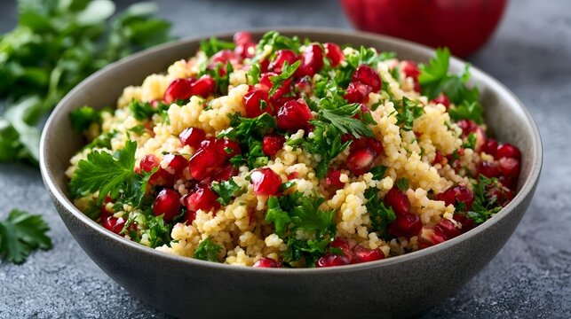 A vibrant bowl of millet salad topped with pomegranate seeds and fresh parsley  presented on a textured surface with scattered herbs
