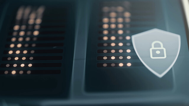 Secured server racks behind a padlock shield