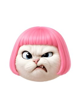 Angry cat face with pink hair illustration on a white background whimsical and expressive