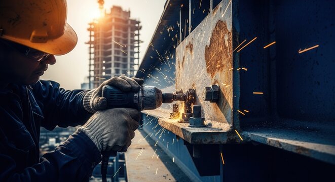 Construction Worker Tightening Metal Bolts With A Power Tool