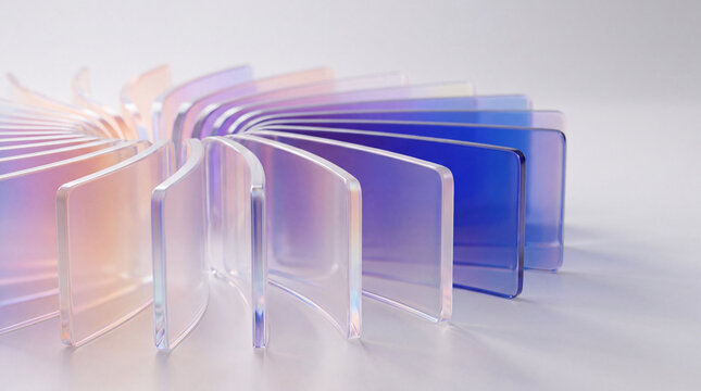 An abstract 3D render featuring a radial arrangement of curved, translucent glass plates transitioning from soft peach to deep blue hues.