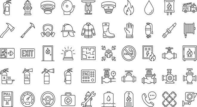 Set of  outline icons related to fire protection. Linear icon collection. Editable stroke. Vector illustration