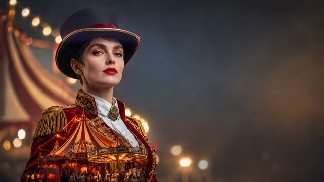 Double exposure portrait of a female circus ringmaster in a red and gold uniform and top hat, blending with a glowing night carousel and carnival tent.