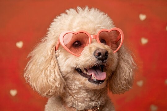 Cute dog wearing heart-shaped sunglasses on colorful background