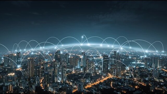 Smart digital Innovation City of the business world with connection financial business data all the time network reciprocity over the twilight cityscape. of future cyber security wireless digital city