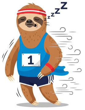Cartoon sloth athlete sleeping while jogging on transparent background. Funny runner character wearing sportswear. Concept of tired athlete and slow speed in sport competition or race.