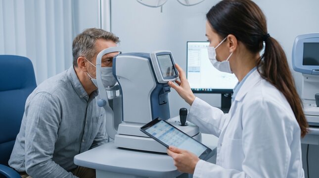 Female optometrist examining older man in clinic, Vision Correction