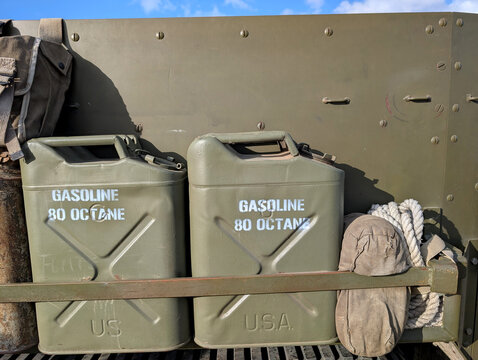 Vintage US military gasoline cans marked 80 octane. 