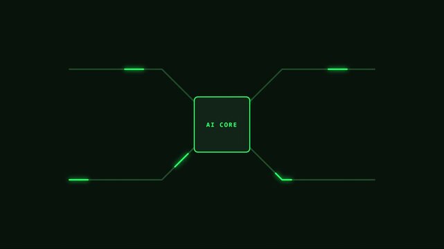 Ai core digital interface hud animation with glowing green data network lines 4k technology