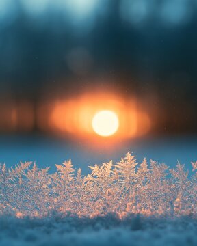 Frost crystals glowing in the winter sunrise with soft focus background