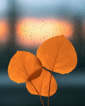 Autumn leaves against rain-streaked window with warm bokeh background