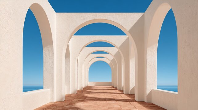 Arched walkway overlooking the blue sea in a Mediterranean architectural setting
