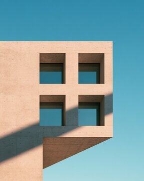 Modern architecture concrete building facade with square windows and blue sky