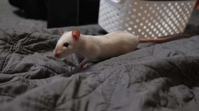 cute pet decorative rat on a walk running on the bed. pet rodents favorite. very cute