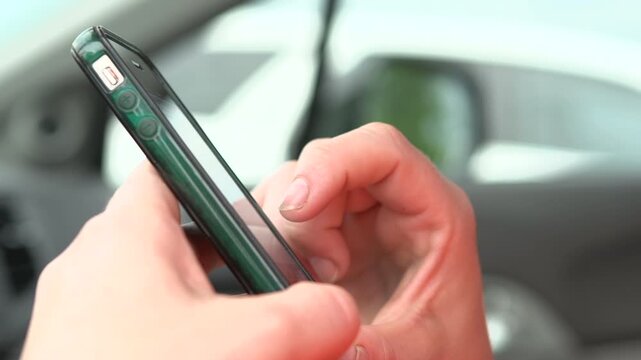 Sitting in parked car using browsing smart phone
